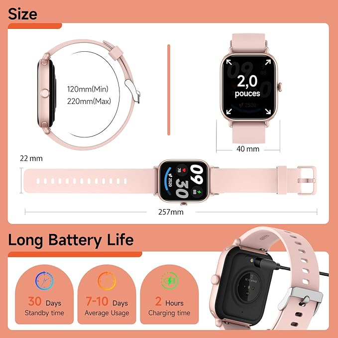 Smart Watch for Women & Men 2.0 HD Screen IP68 Fitness Tracker with Heart Rate, SpO2, Sleep Monitor, Bluetooth Call (Answer/Make),110+ Sport Modes, iPhone/Android Compatible(Pink)