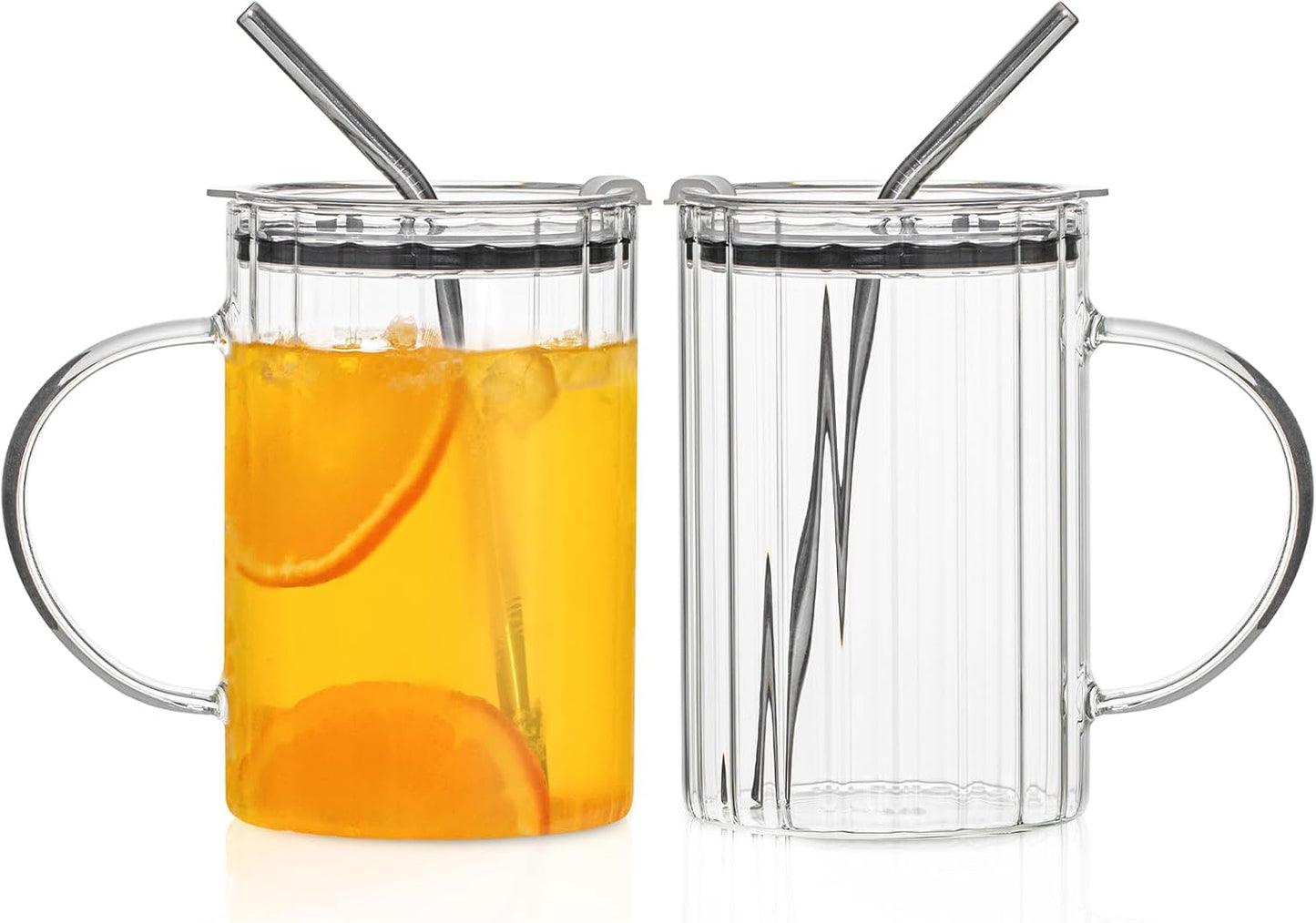 KEMORELA Large Ribbed Glass Tumbler with Handle & Lid, 2‑Pack 1000 ml / 34 oz Glass Cups with Reusable Straw – Thickened Ribbed Glass Mug for Iced Coffee, Juice, Smoothie & Cold Drinks