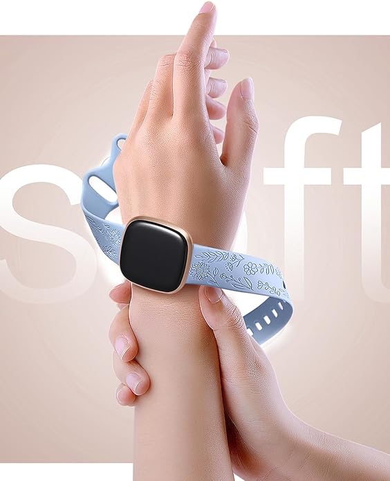 SNBLK 2 Pack Engraved Bands Only Compatible with Fitbit Versa 3/Fitbit Sense/Fitbit Versa 4/Fitbit Sense 2 Bands Four Models, Sunflower Rose Elegant Soft TPU Floral Pattern Replacement Strap Women