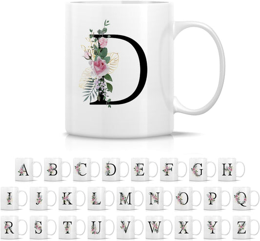 Retreez Initial A-Z Floral Botanical Bouquet Alphabet Monogrammed Monogram Mug 11 Oz Ceramic Tea Coffee Mugs - Appreciation Thank You Wedding Birthday Gifts for her friend coworker sister - D Initial
