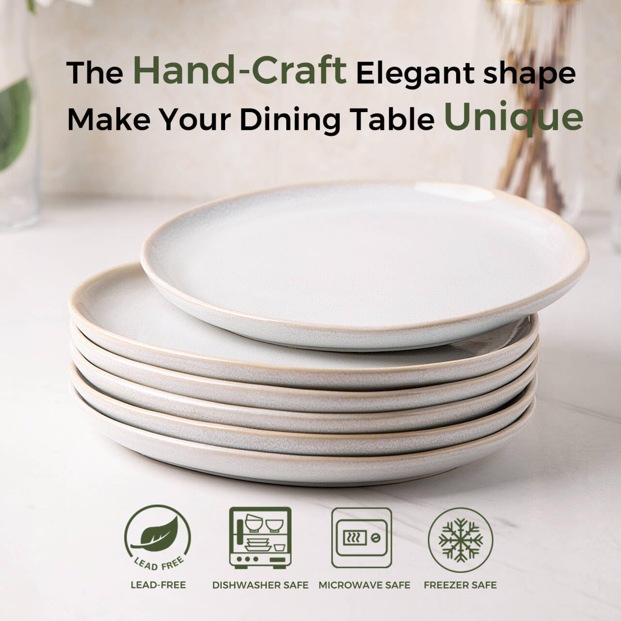 AmorArc Ceramic Dinner Plates Set of 6, 10.5 Inch Handmade Reactive Glaze Stoneware Plates, Rustic Shape Dinnerware Dish Set for Kitchen, Microwave & Dishwasher Safe, Scratch Resistant