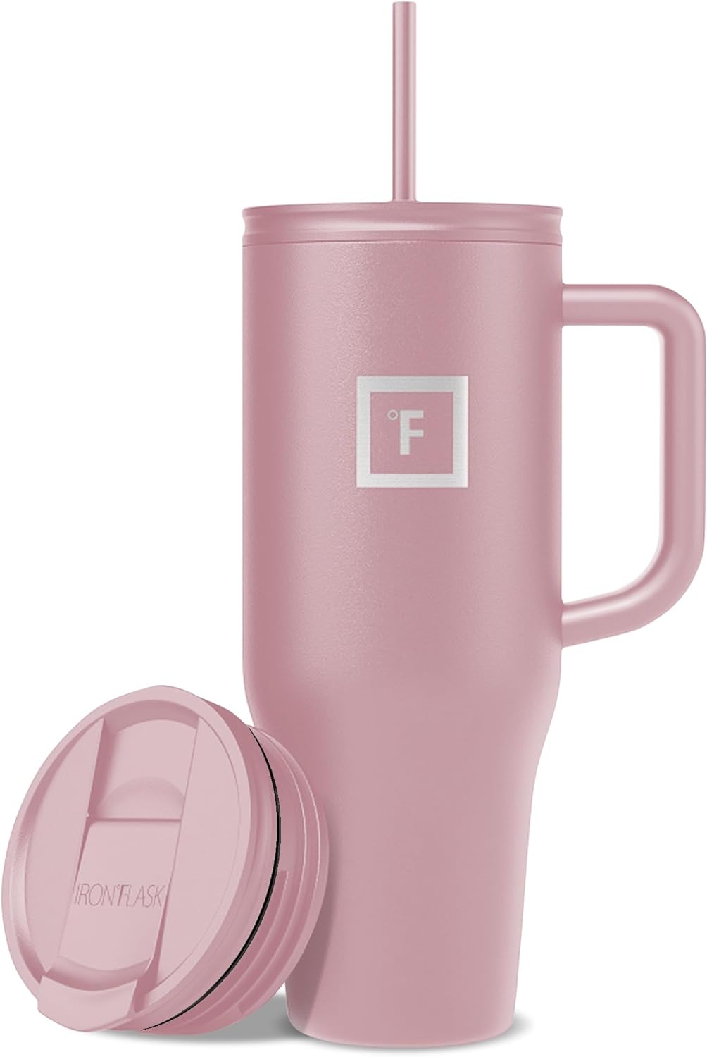 IRON °FLASK Co-Pilot Insulated Mug w/Straw & Flip Cap Lids - Cup Holder Bottle for Hot, Cold Drink - Leak-Proof- Water, Coffee Portable Travel Tumbler - Cosmetic Pink, 40 Oz