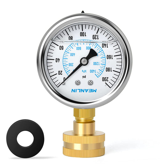 MEANLIN MEASURE 0~200Psi Stainless Steel Frame 3/4" Female 2.5" FACE DIAL Liquid Filled Pressure Gauge WOG Water Oil Air Water Pressure Test Table with Sealing Ring