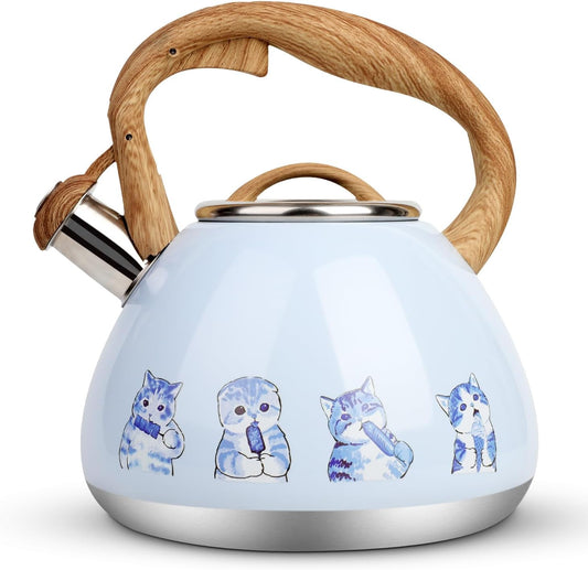 Tea Kettle, Toptier Teapot Whistling Kettle with Wood Pattern Handle Loud Whistle, Food Grade Stainless Steel Tea Pot for Stovetops Induction Water Kettle, 2.7-Quart Blue Cat
