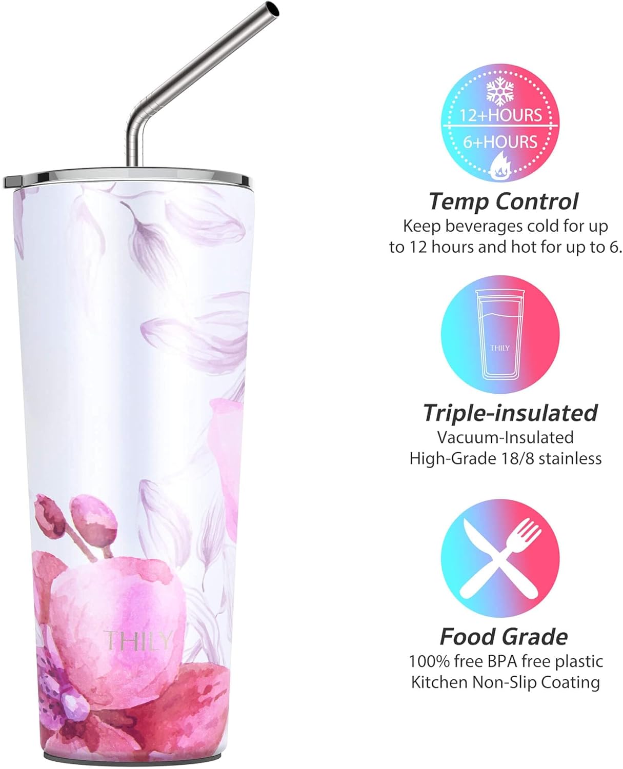 THILY Stainless Steel Vacuum Insulated Tumbler 26 oz Triple-Insulated Travel Mug with Splash-Proof Lid, for Iced Coffee and Hot Beverage, Pink Lilies + Lotus Flower