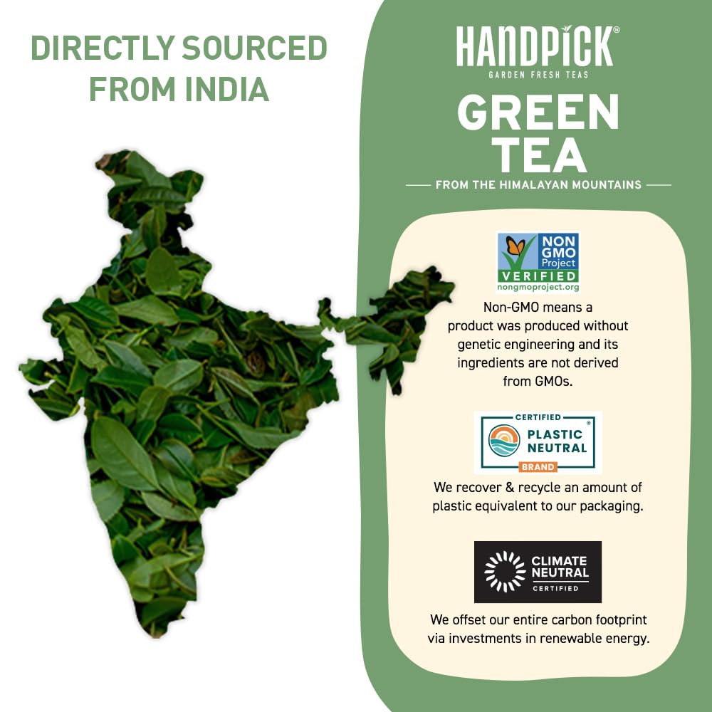 HANDPICK, Green Tea Loose Leaf (255g/9oz) +100 Cups | Non-GMO, 100% Pure Green Tea Leaves Sourced from Himalayas, India | Resealable Ziplock Pouch