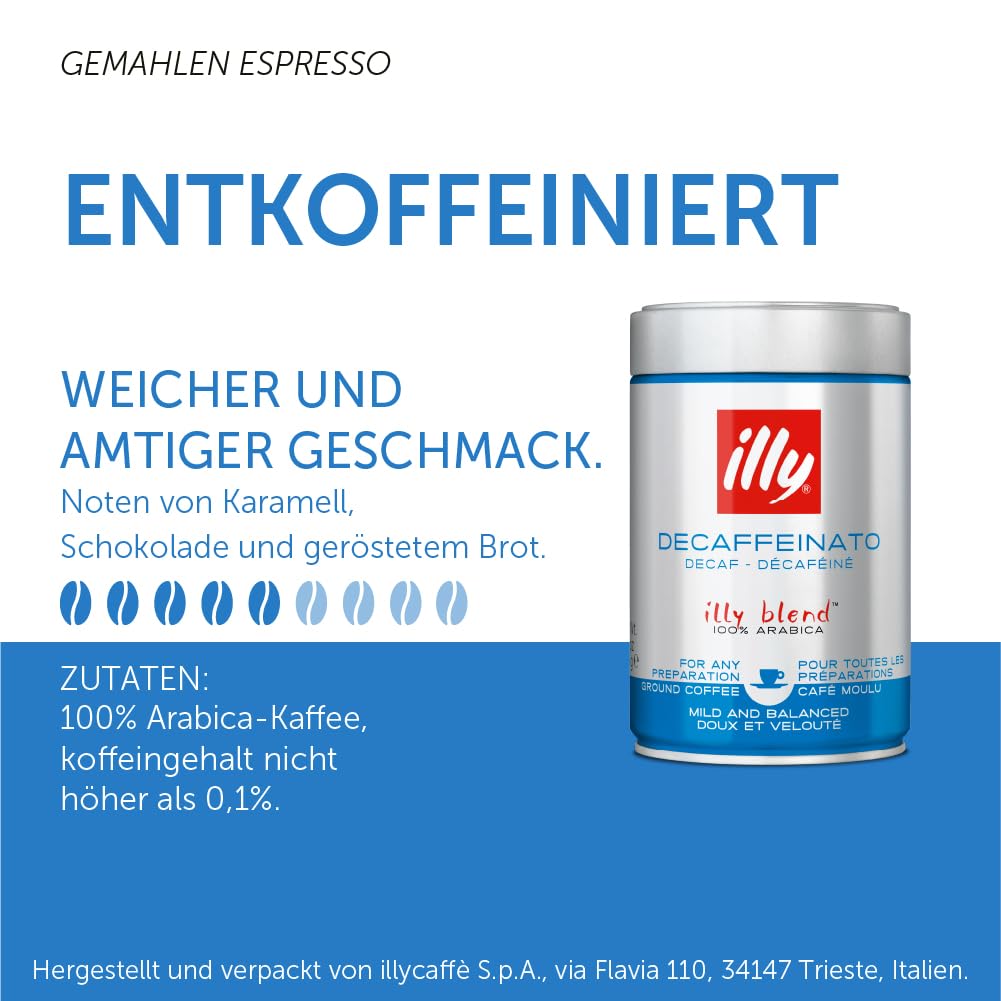 illy Ground Coffee Espresso - 100% Arabica Beans – Classico Decaf Roast - Notes of Caramel, Toasted Bread & Chocolate - Rich Aromatic Profile - No Preservatives – 8.8 Ounce