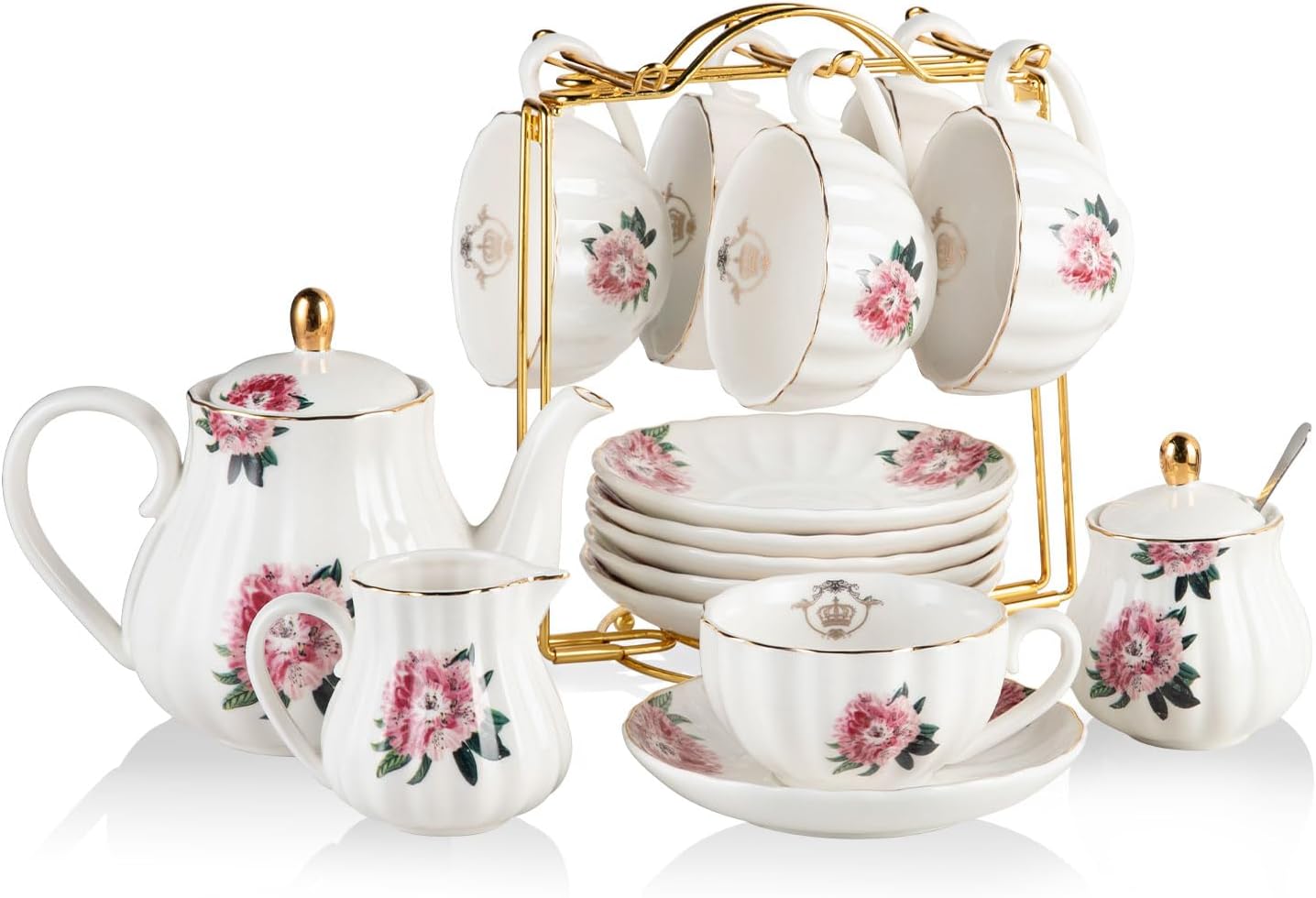 Porcelain Tea Sets British Royal Series, 8 OZ Cups & Saucer Service for 6, with Teapot Sugar Bowl Cream Pitcher Teaspoons and Tea Strainer, Suitable for High Tea, Wedding, Party