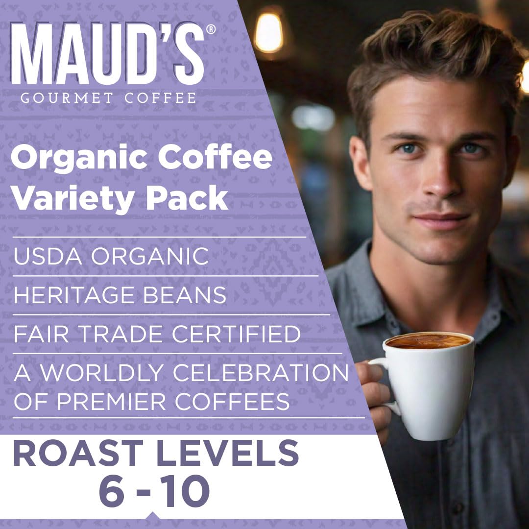 Maud's Organic Coffee Pods Variety Pack, 56 ct, 8 Assorted Flavors, Recyclable Single Serve Pods – 100% Arabica Coffee, Compatible with Keurig K Cups Maker