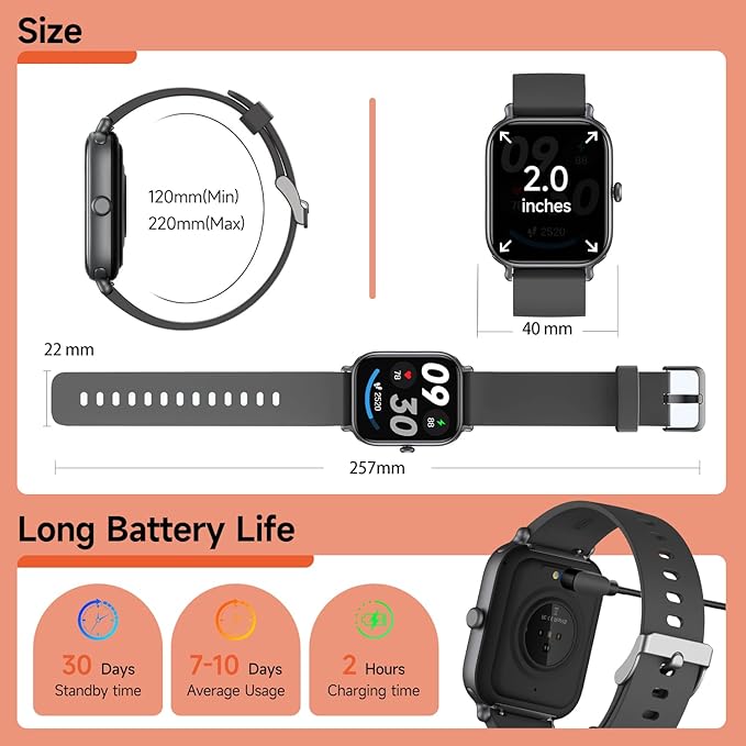 Smart Watch for Women & Men 2.0 HD Screen IP68 Fitness Tracker with Heart Rate, SpO2, Sleep Monitor, Bluetooth Call (Answer/Make),110+ Sport Modes, iPhone/Android Compatible(Black)