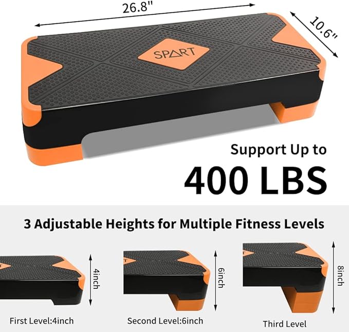 SPART Adjustable Workout Aerobic Stepper 4 Risers, 3 Levels 4" - 6" - 8", 26.77" 26.77" Trainer