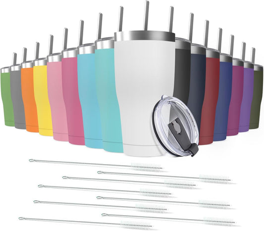 16 Pack 20oz Stainless Steel Tumblers Bulk Reusable Travel Mugs with Lid, Double Wall Powder Coated Coffe Cup for Home, Office, Outdoor Suitable for Vehicle Cup Holders