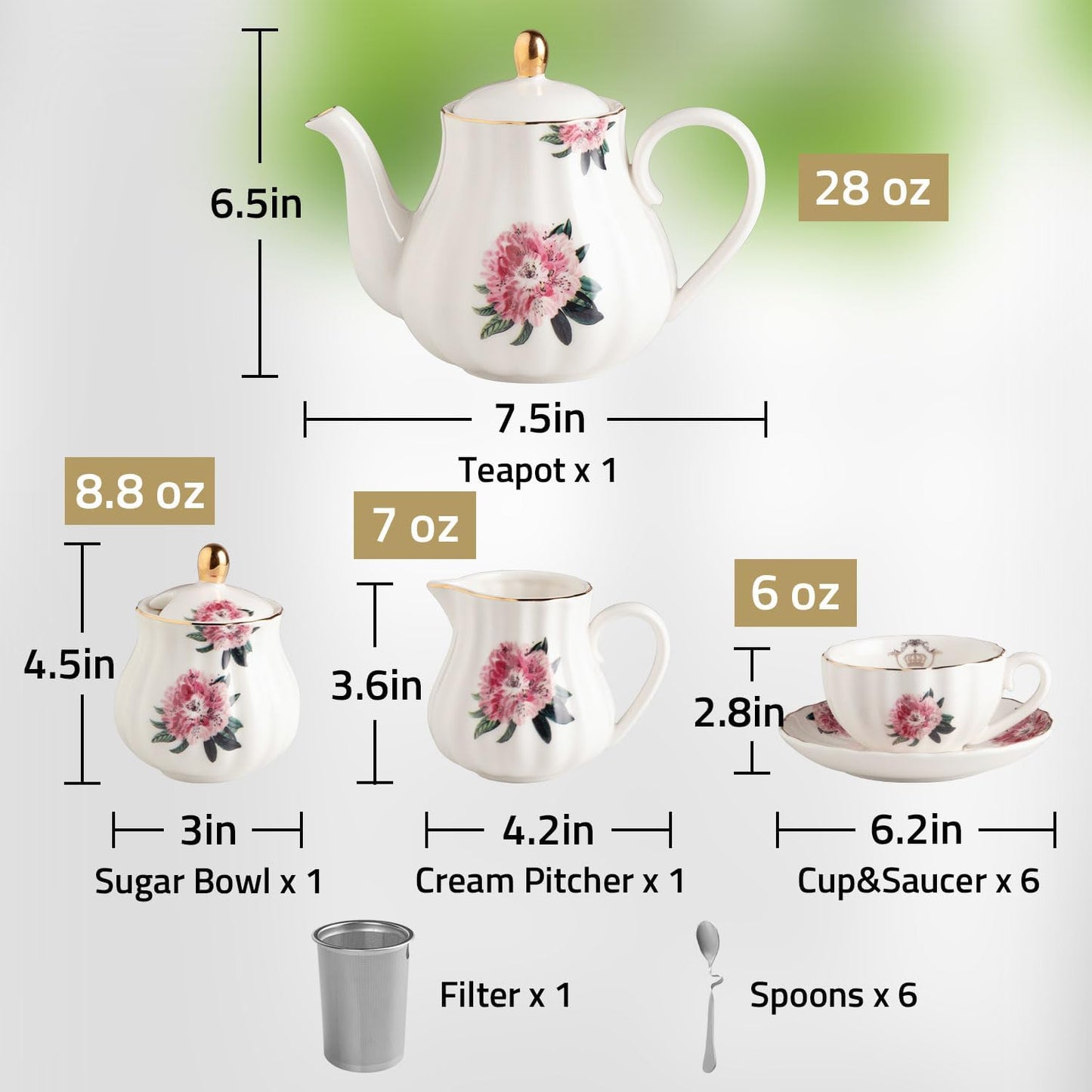 Porcelain Tea Sets British Royal Series, 8 OZ Cups & Saucer Service for 6, with Teapot Sugar Bowl Cream Pitcher Teaspoons and Tea Strainer, Suitable for High Tea, Wedding, Party