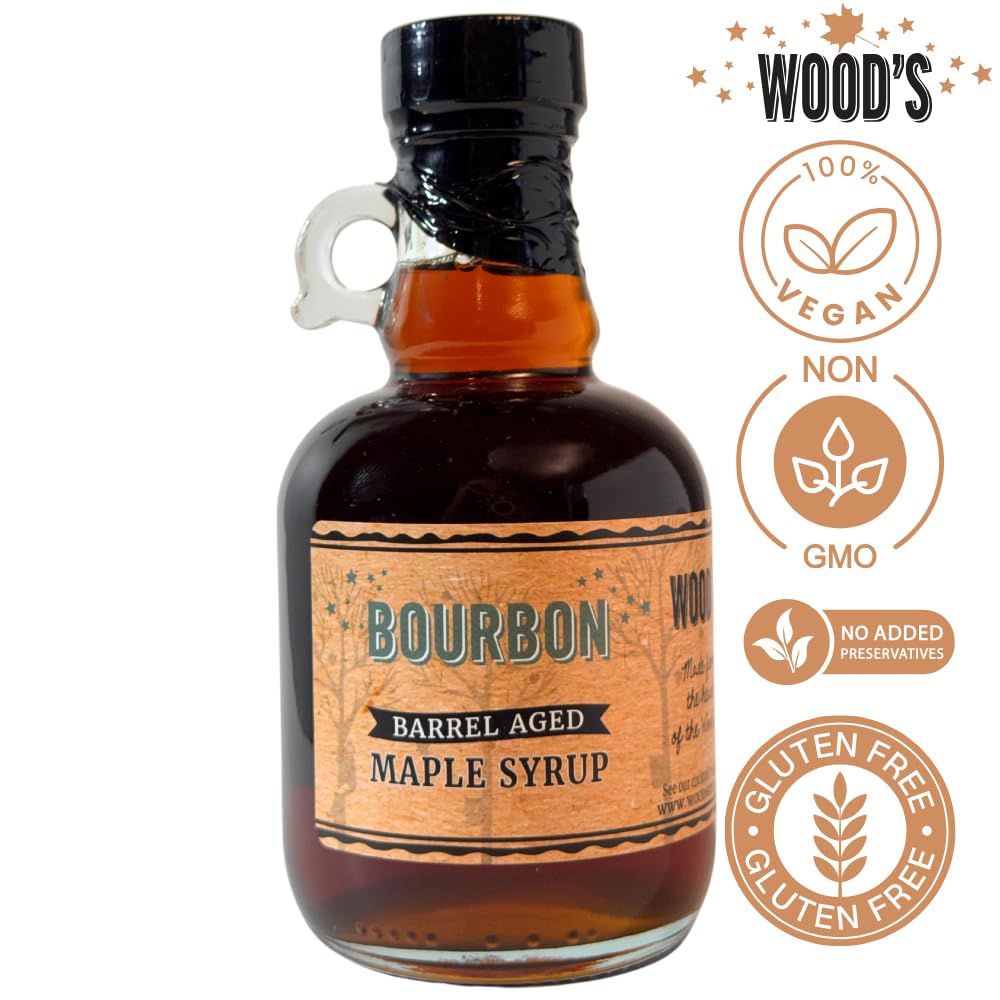 WOOD'S Vermont Bourbon Barrel Aged Maple Syrup – Premium Maple Syrup with Rich Flavor & Subtle Bourbon Notes – Ideal for Pancakes, Desserts, and Cocktails – 8.45 oz