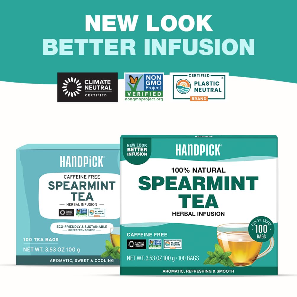 HANDPICK, Spearmint Tea Bags (100 Herbal Tea Bags) |Refreshing Mint Tea | Non-GMO | Round Eco-Conscious Teabags