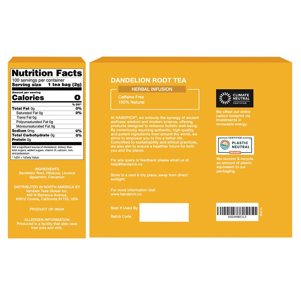 HANDPICK, Dandelion Root & Leaf Tea Bags (100 Herbal Tea Bags) Caffeine-Free Herbal Blend | Eco-Conscious Teabags | Direct from Source
