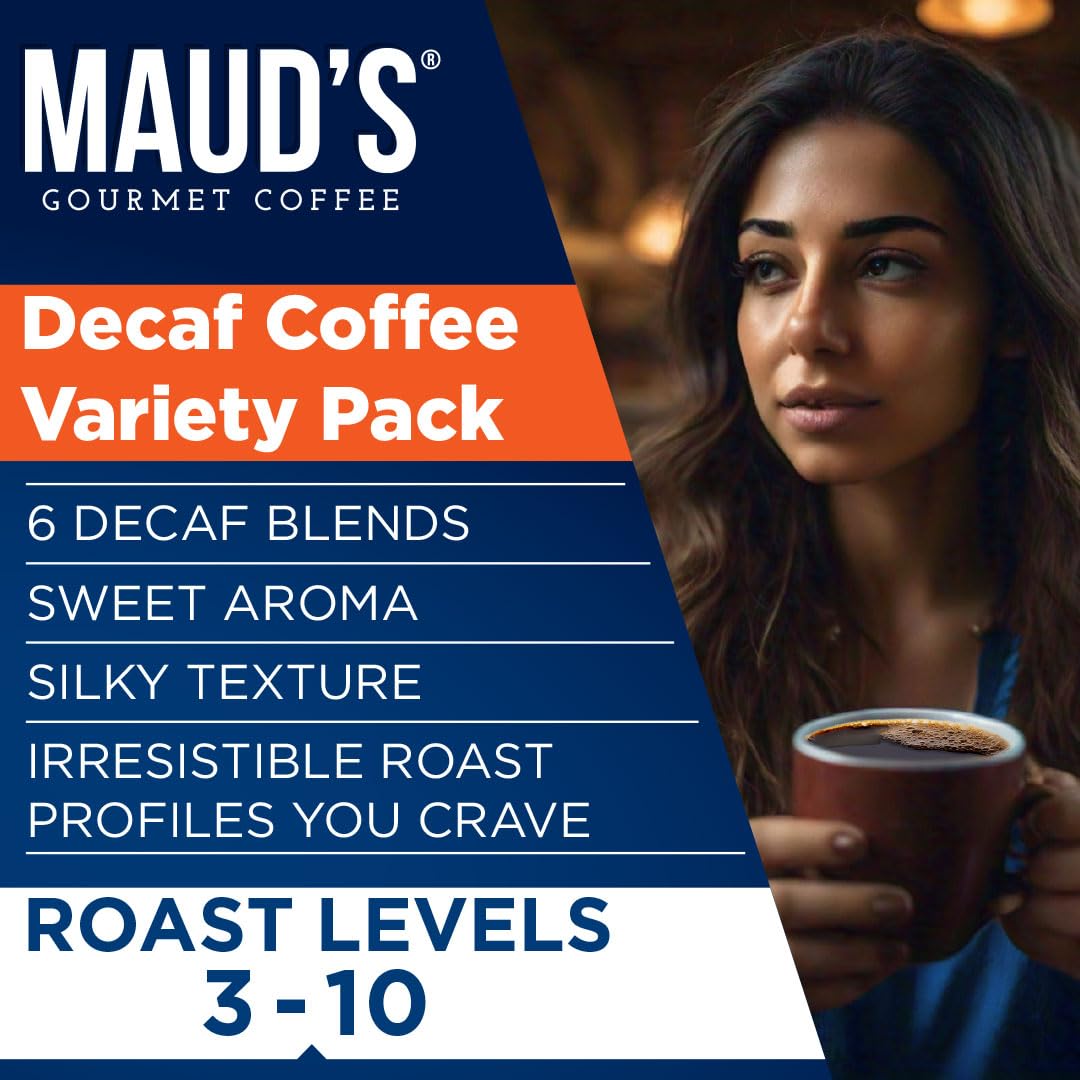 Maud's Decaf Coffee Pods Variety Pack, 54 ct, 6 Assorted Roasts & Flavors, Decaf Dark & Medium Roast Coffee in Recyclable Single Serve Pods - 100% Arabica Coffee, Compatible with Keurig K Cups Maker