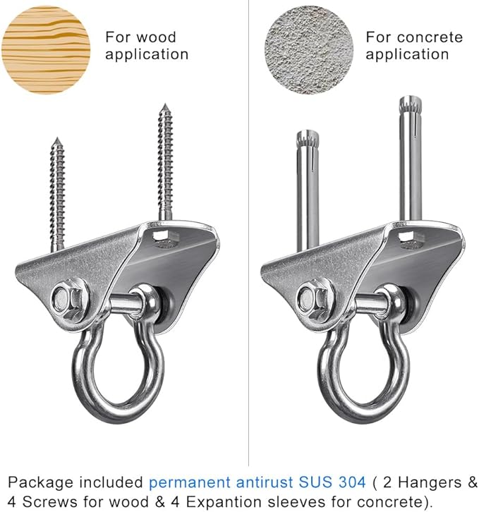 SELEWARE Heavy Duty Swing Hangers Stainless Steel Swing Hooks Ceiling Mount Swing Hardware for Porch Swing Set Hammock Chair Heavy Bag Yoga Silk 2 Pack