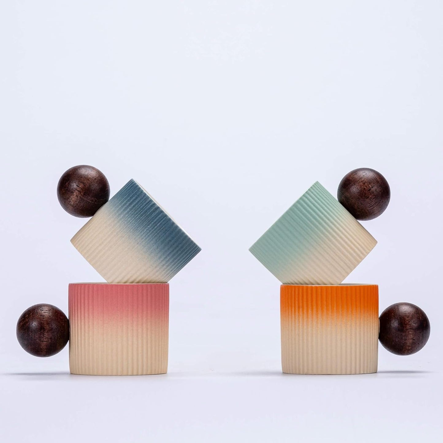 Ceramic Mini Espresso Cups Demitasse Cups with Round Wooden Handle Vertical Stripes Tea Cups (Beige&Green, 4pcs)