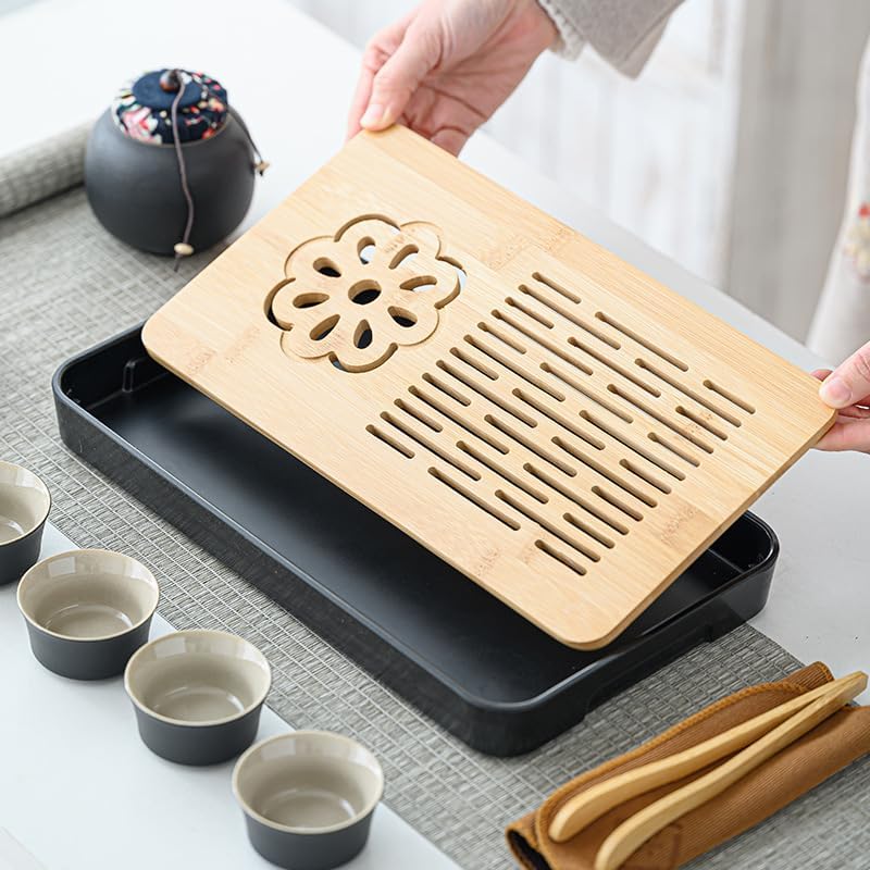 LURRIER Gongfu tea sets, Portable Ceramic TeaSet, Asian Tea sets for adult, Tea Gift sets, Grey leather case, Portable Travel Bag,Home,Gifting,Outdoor and Office(Black)