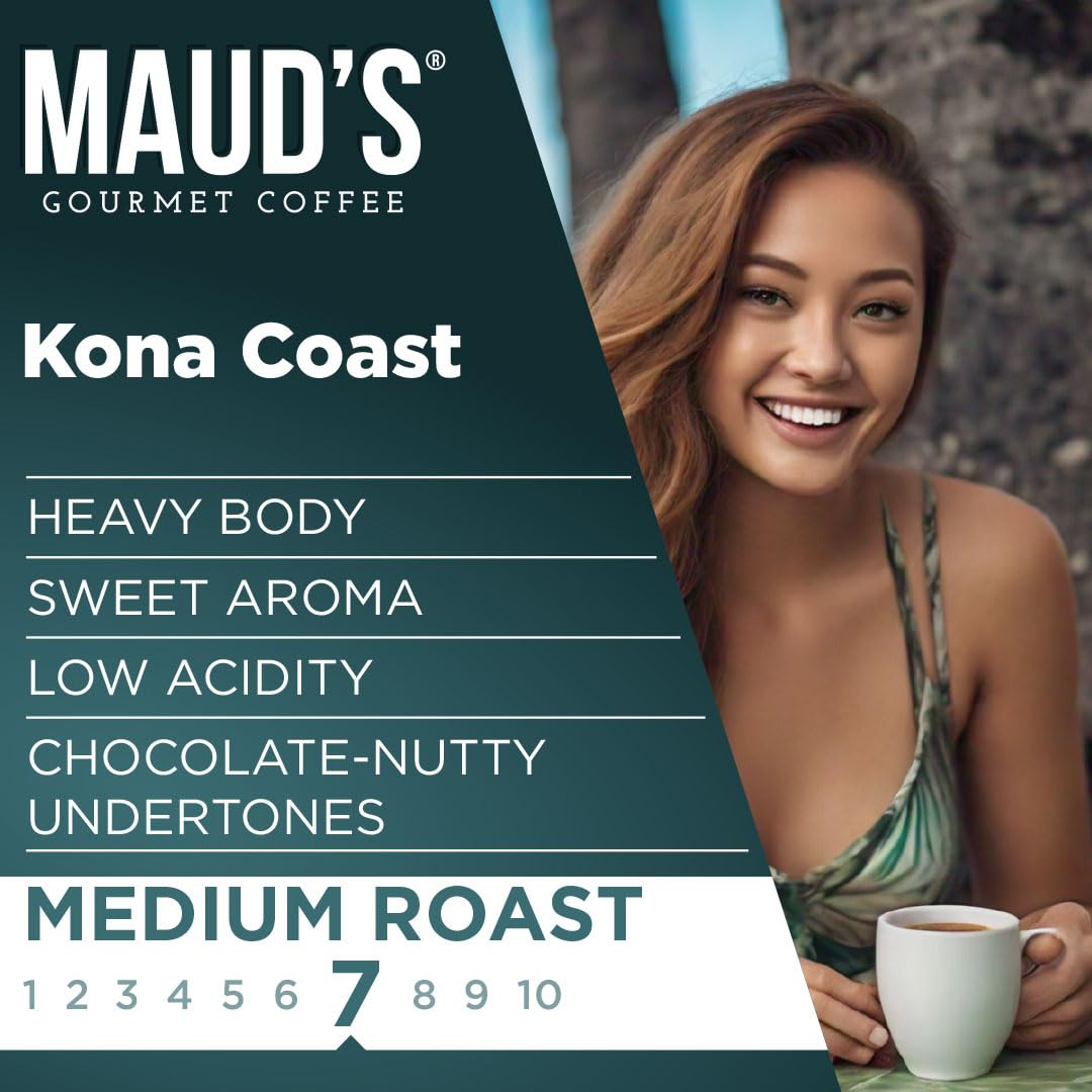 Maud's Kona Coffee Pods, 18 ct, Medium Roast Coffee in Recyclable Single Serve Pods – 100% Arabica Coffee, Compatible with Keurig K Cups Maker