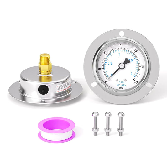 0-30PSI Panel Mount Front Flanged Glycerin Filled Pressure Gauge, 2.5" Dial Size, 1/4" MNPT Back Mount, Stainless Steel Case, with Phillips Screw and Nut, for Water, Gas, Liquid Pressure