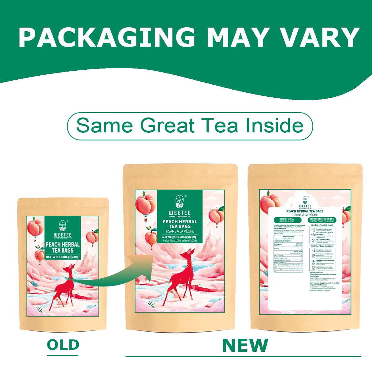 WT WEETEE Peach Herbal Tea Bags, Caffeine Free Tea Made with Rose Hip, Orange Peel, Hawthorn, Chamomile, Hibiscus & More, 100 Counts Peach and Herbs Good for Iced