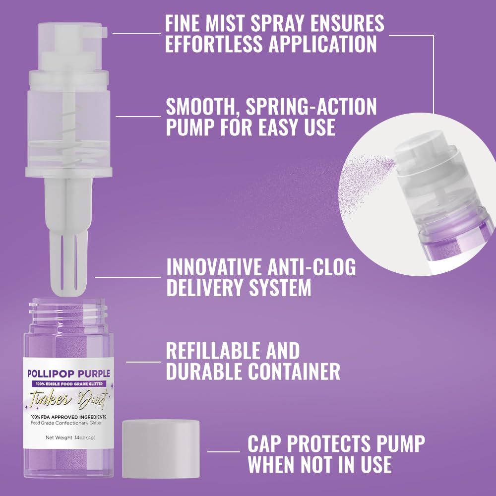 Bakell - Pollipop Purple Tinker Dust (4g, 1x Mini Spray Pump) Edible Glitter for Food, Desserts, and Beverages!