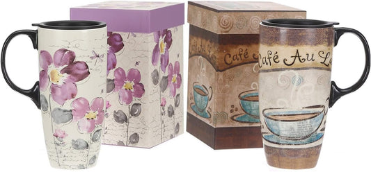 Topadorn Ceramic Travel Mug Latte Mug 17 oz. Coffee Cup with Sealed Lid and Gift Box, Set of 2