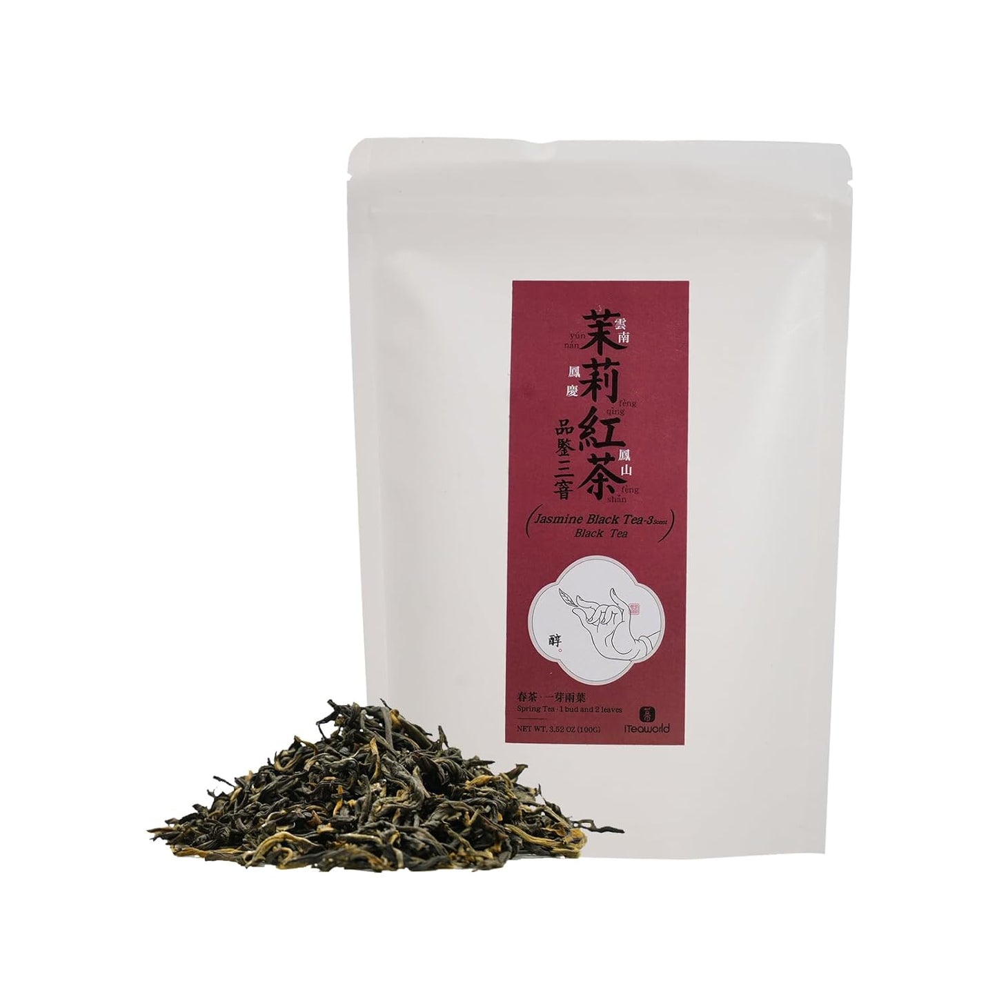 iTeaworld Jasmine Black Tea Loose Leaf, Yunnan High Mountain Black Tea, Scented with Fresh Jasmine Flowers, Rich Floral Aroma, Pure Leaves Without Sugar, No Additive, 1 Bag, 3.52oz