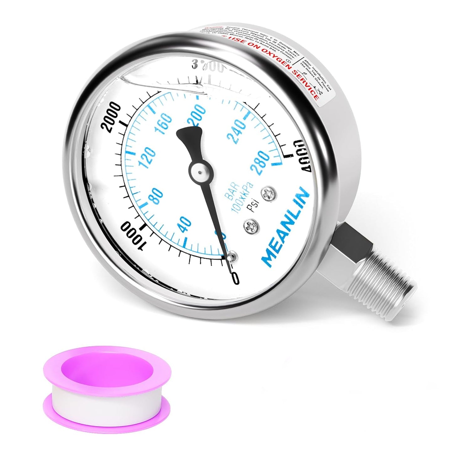 MEANLIN MEASURE 0~4000Psi Liquid Filled Pressure Gauge Stainless Steel with 316 Stainless Steel Joint 1/4" NPT 2.5" FACE DIAL for WOG Water Oil Air Lower Mount
