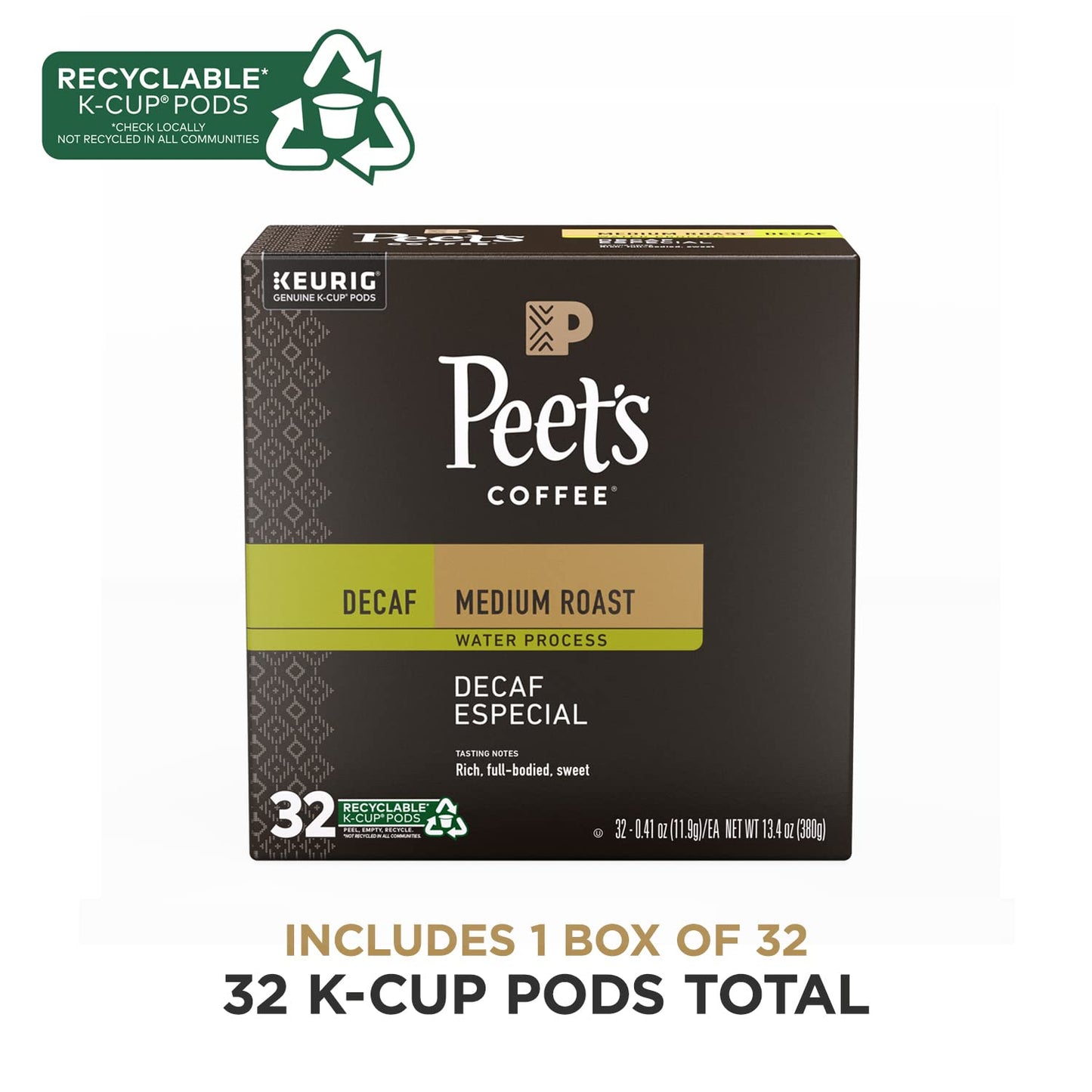 Peet's Coffee, Medium Roast Decaffeinated Coffee K-Cup Pods for Keurig Brewers - Decaf Especial 32 Count (1 Box of 32 K-Cup Pods)