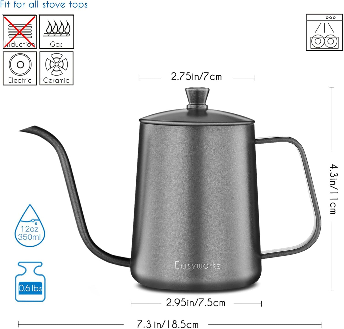 Easyworkz Gage Gooseneck Pour Over Coffee Kettle 12 oz Stainless Steel Hand Drip Coffee Pot With Long Narrow Spout