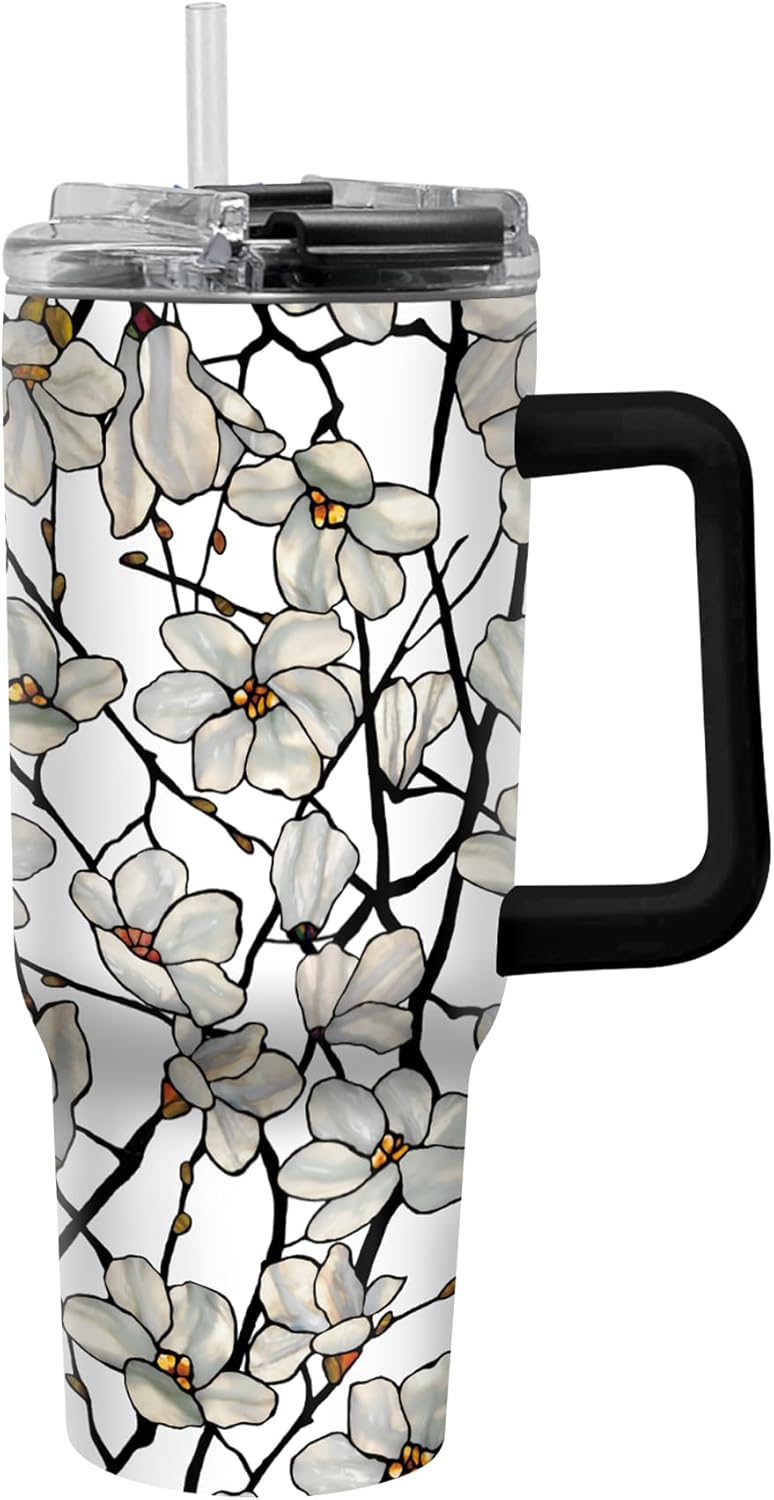 RainCaper 18/8 Stainless Steel Insulated Water Tumbler with Straw | 30oz, BPA-Free, Double Wall for Hot & Cold | Travel-Friendly, Cup Holder Ready (Tiffany Magnolia)