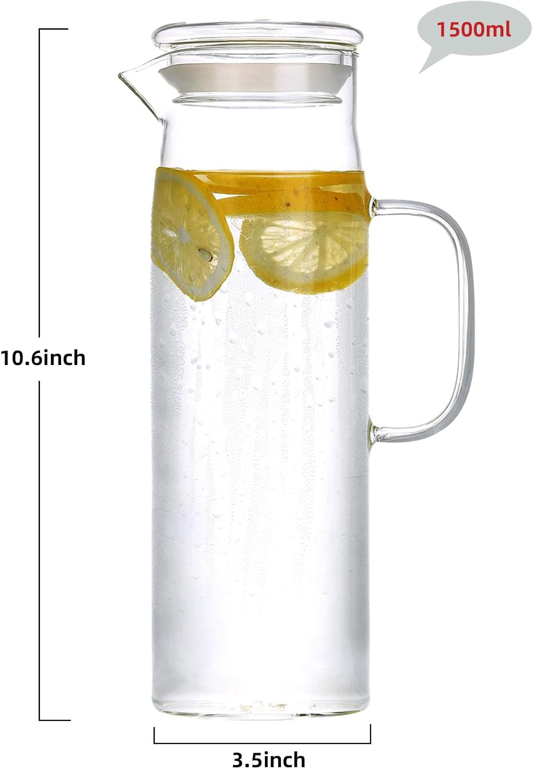 hjn Glass Pitcher with Lid Glass Water Carafe with Handle, Fridge Water Jug Cold or Hot Beverages, Iced Tea, Milk, Juice 1500ml/51oz & glass lid