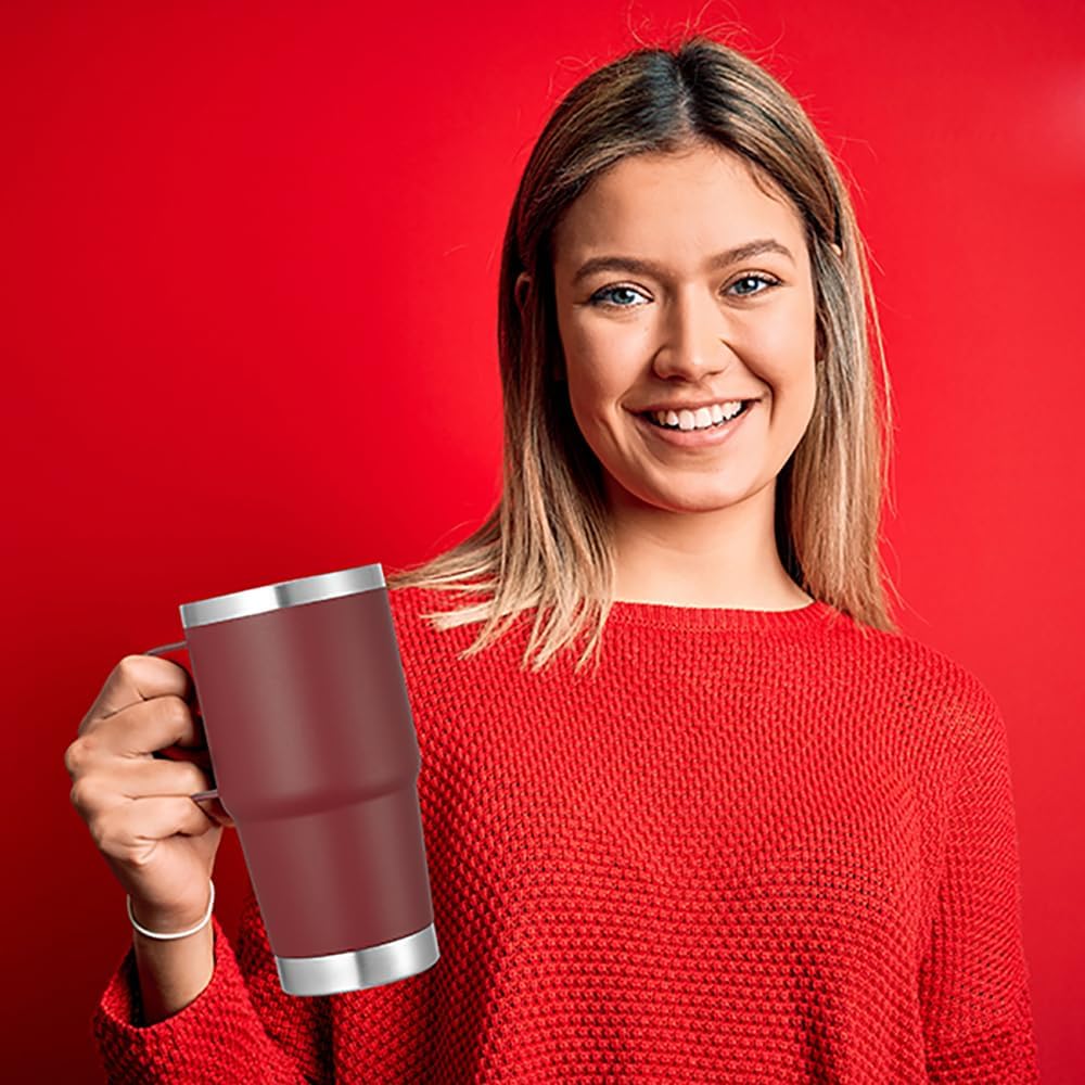 VEGOND 20 oz Tumbler Bulk with Handle Lid and Straw, Stainless Steel Insulated Travel Coffee Mug Set, Spill Proof Double Wall Metal Tumblers Cups, Wine Red 12 Pack