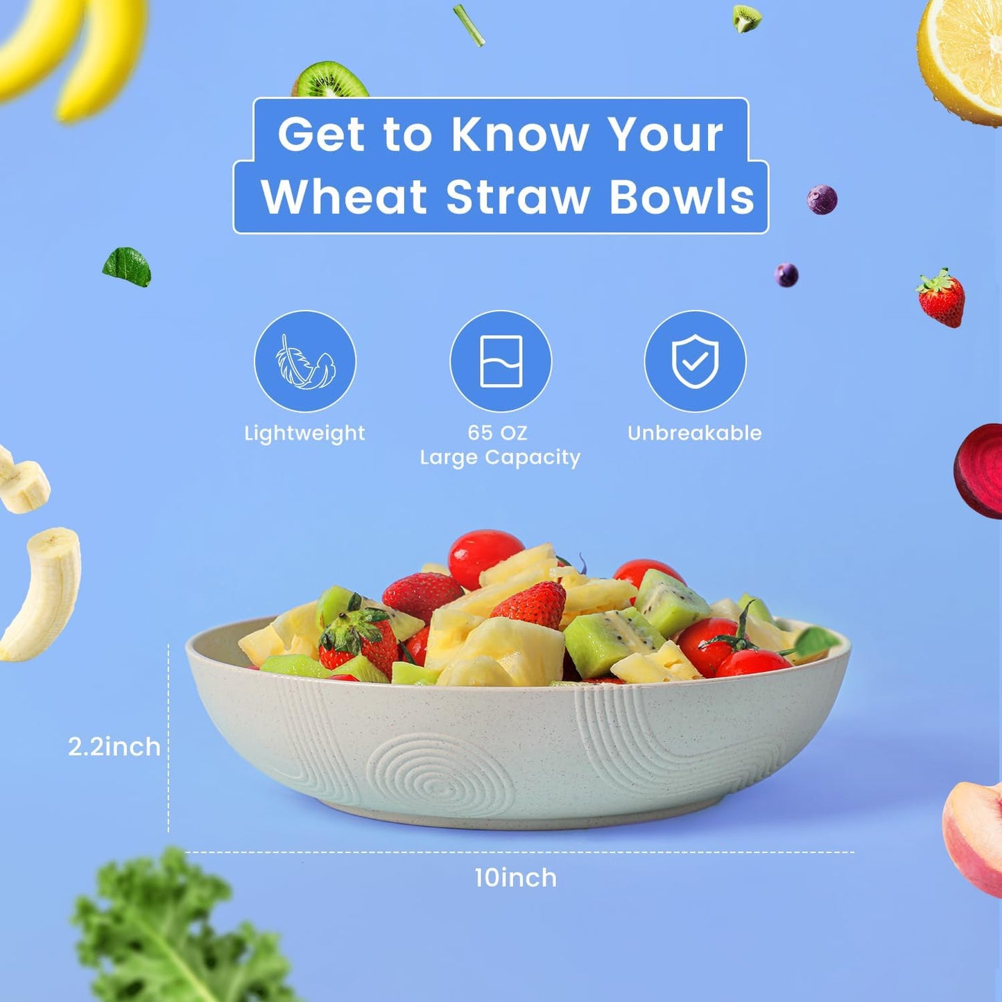 Homienly Wheat Straw Plates - 10 Inch Large Salad Bowls, Set of 6, Wide & Shallow, Microwave & Dishwasher Safe - Multi Color