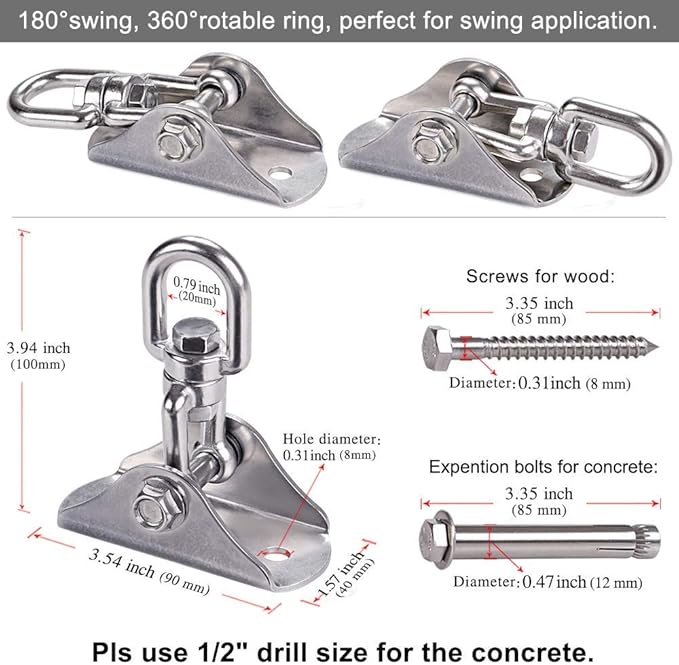 SELEWARE Stainless Steel Swing Hanger Heavy Duty Ceiling Swing Mount Free Swivel Swing Hook Swing Hardware Kit for Yoga Swing Hammock Chair Porch Swing Sets Heavy Punching Bag 1000 LB Capacity