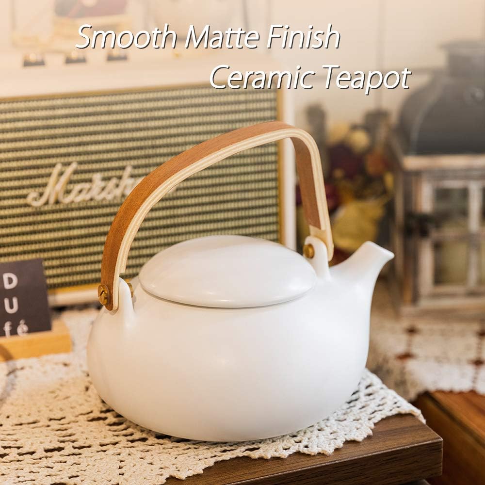 ZENS Teapot with Infuser, Ceramic Japanese 2cup Teapot for Loose Leaf Tea, 800ml Small Matte White Porcelain Tea Pot Gift with Modern Bentwood Handle