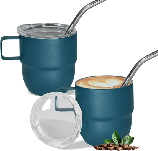 4oz Stackable Cup, Vacuum Insulated Espresso Cup Set of 2, Espresso Shot Mug for Coffee, Double Wall Stainless Steel Mini Tumbler Shot Glasses with Straw and Lid (B-blue2P, 4oz)