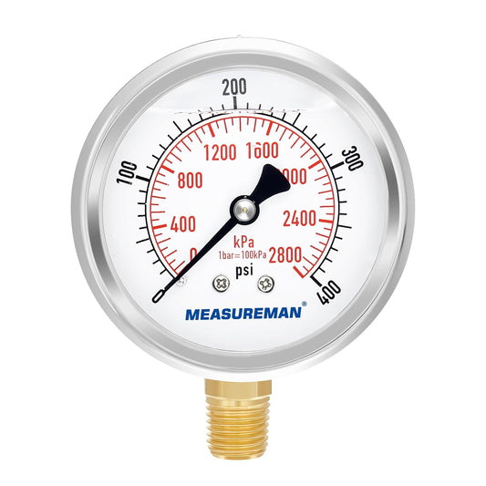 MEASUREMAN 2-1/2" Dial Size, Glycerin Filled Pressure Gauge, 0-400psi/2800kpa, 304 Stainless Steel Case, 1/4" NPT Lower Mount
