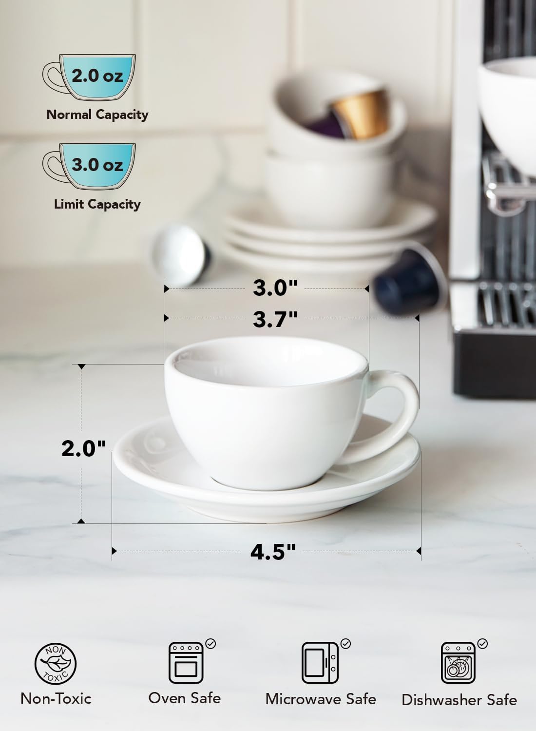 LE TAUCI 3 oz Espresso Cups with Saucers, Demitasse Coffee Cup for Shot, Lungo, Ristretto - 3 inch, Set of 4, White