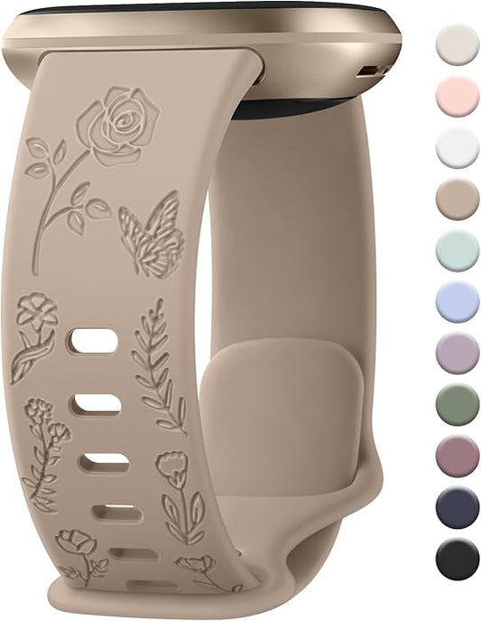 AK Floral Engraved Band Compatible with Fitbit Sense 2 / Sense Bands/Fitbit Versa 4 / Versa 3 Bands Women Men, Soft Sport Replacement Wristbands for Fitbit Sense 2 / Sense/Versa 4 / Versa 3 Smart Watch