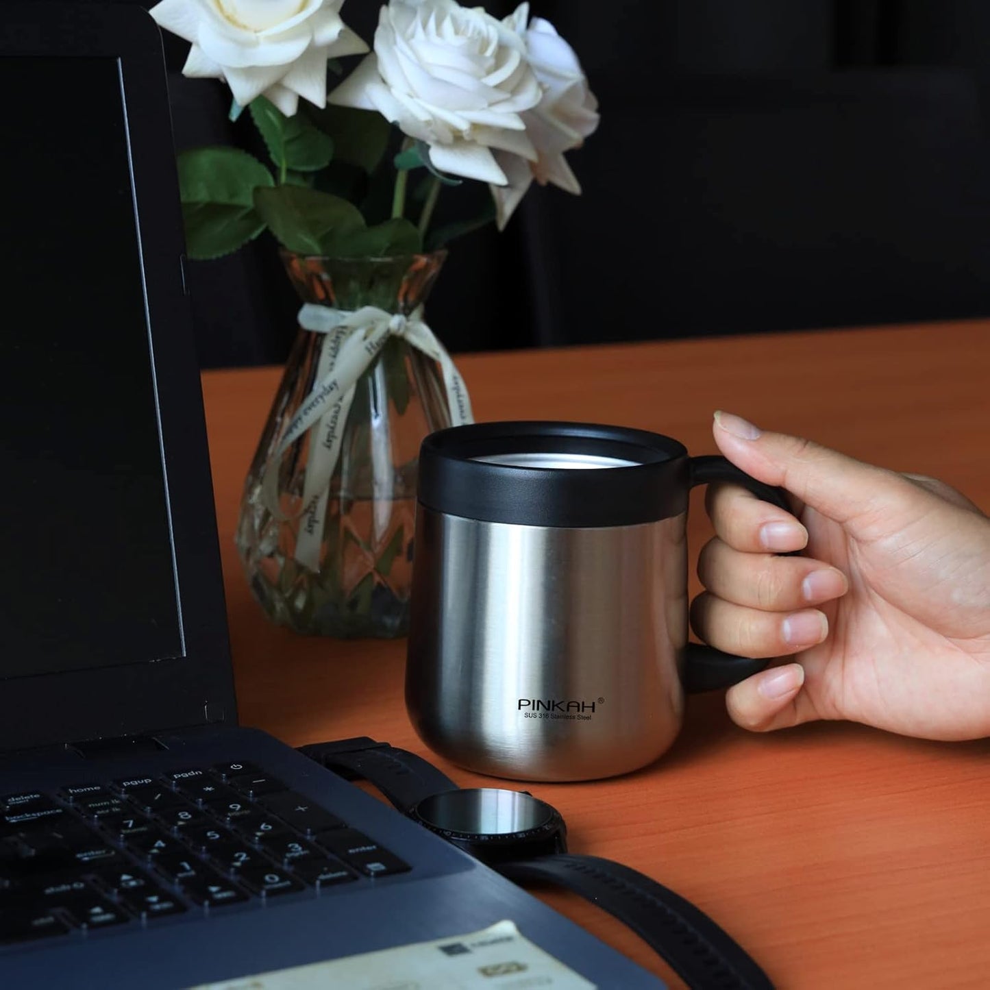 16OZ Stainless Steel Insulated Coffee Mug with Handle and Lid, Double Wall Vacuum Coffee Tumbler Thermal Cup with 2 Lids