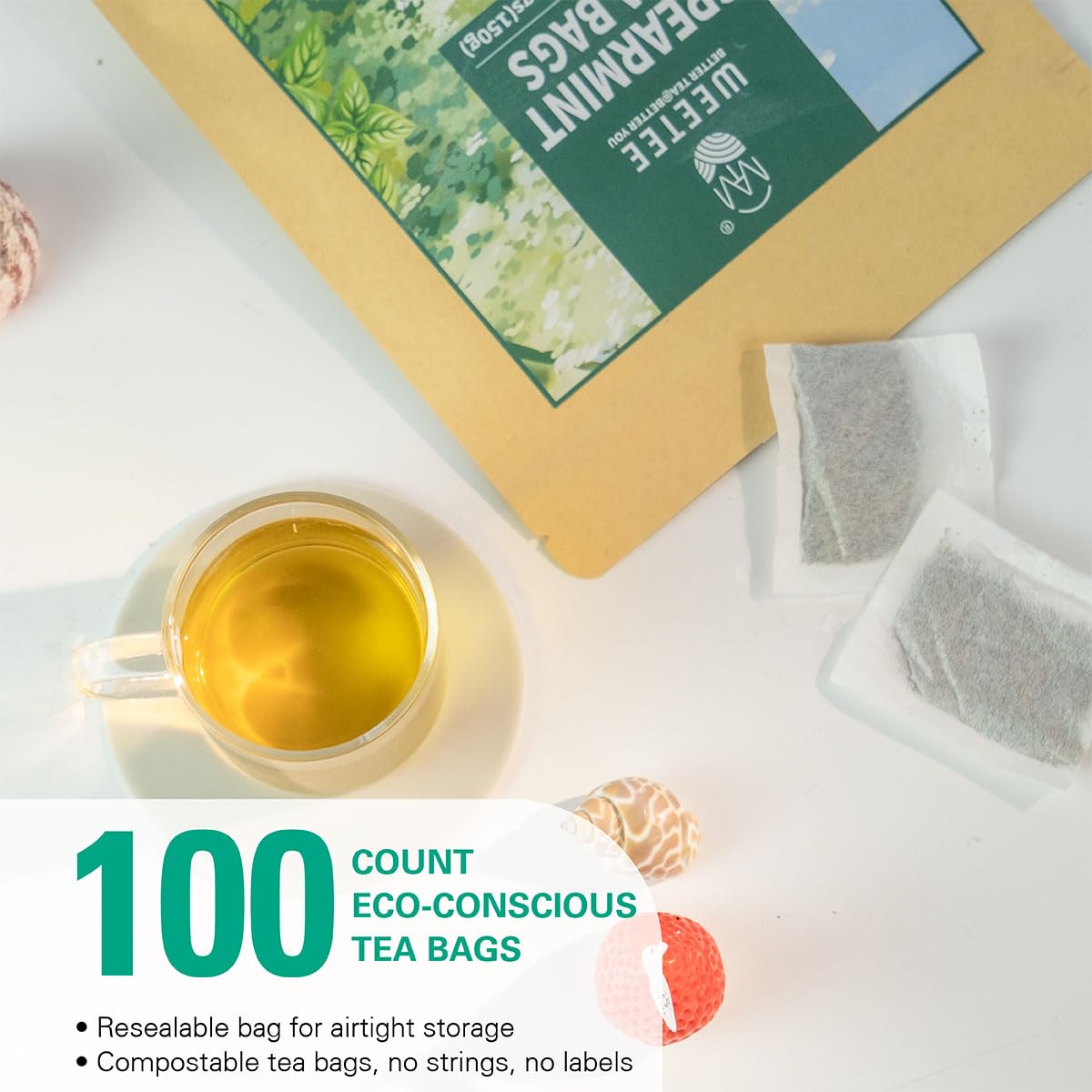 WT WEETEE Spearmint Tea Bags, Made with 100% Pure Spearmint Leaf, Natural Caffeine-free Herbal Tea, Refreshing & Smooth Mint Tea
