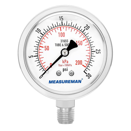 MEASUREMAN Fully Stainless Steel Hydraulic Glycerin Filled Pressure Gauge, 2-1/2" Dial Size,0-30psi/kpa,1/4" NPT Lower Mount