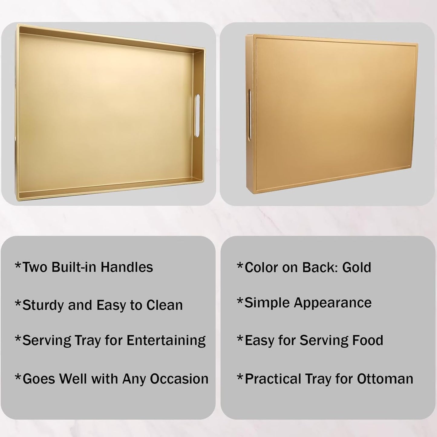 Gold Serving Tray for Coffee Table, Rectangular Plastic Decorative Tray with Handles for Entertaining, Outdoor Patio, Living Room, Ottoman, Bathroom Counter, 11.8”*15.7”*1.6”