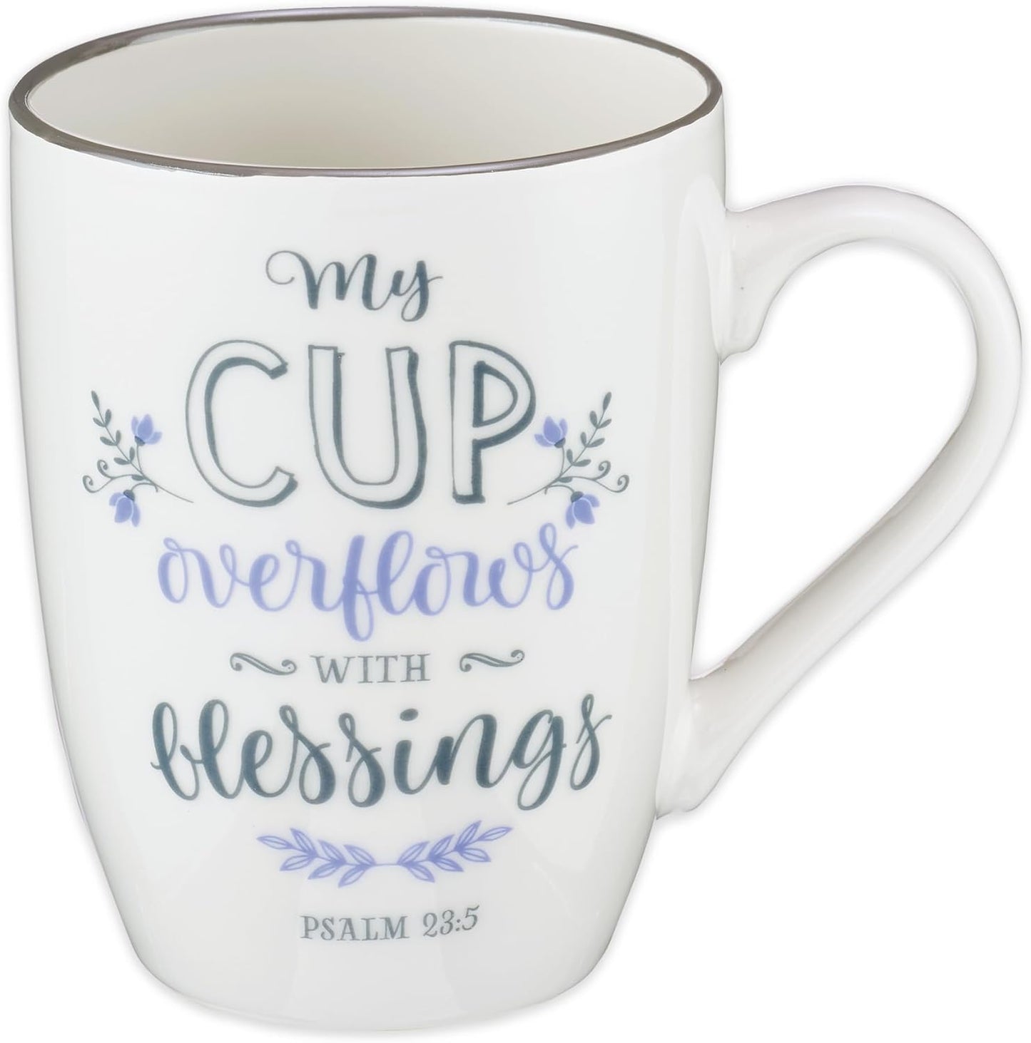 Christian Art Gifts Microwave & Dishwasher Safe Inspirational Scripture Mug for Women: Cup Overflows with Blessings Encouraging Bible Verse Psalm Novelty Drinkware, White & Leafy Purple Floral, 12 oz.