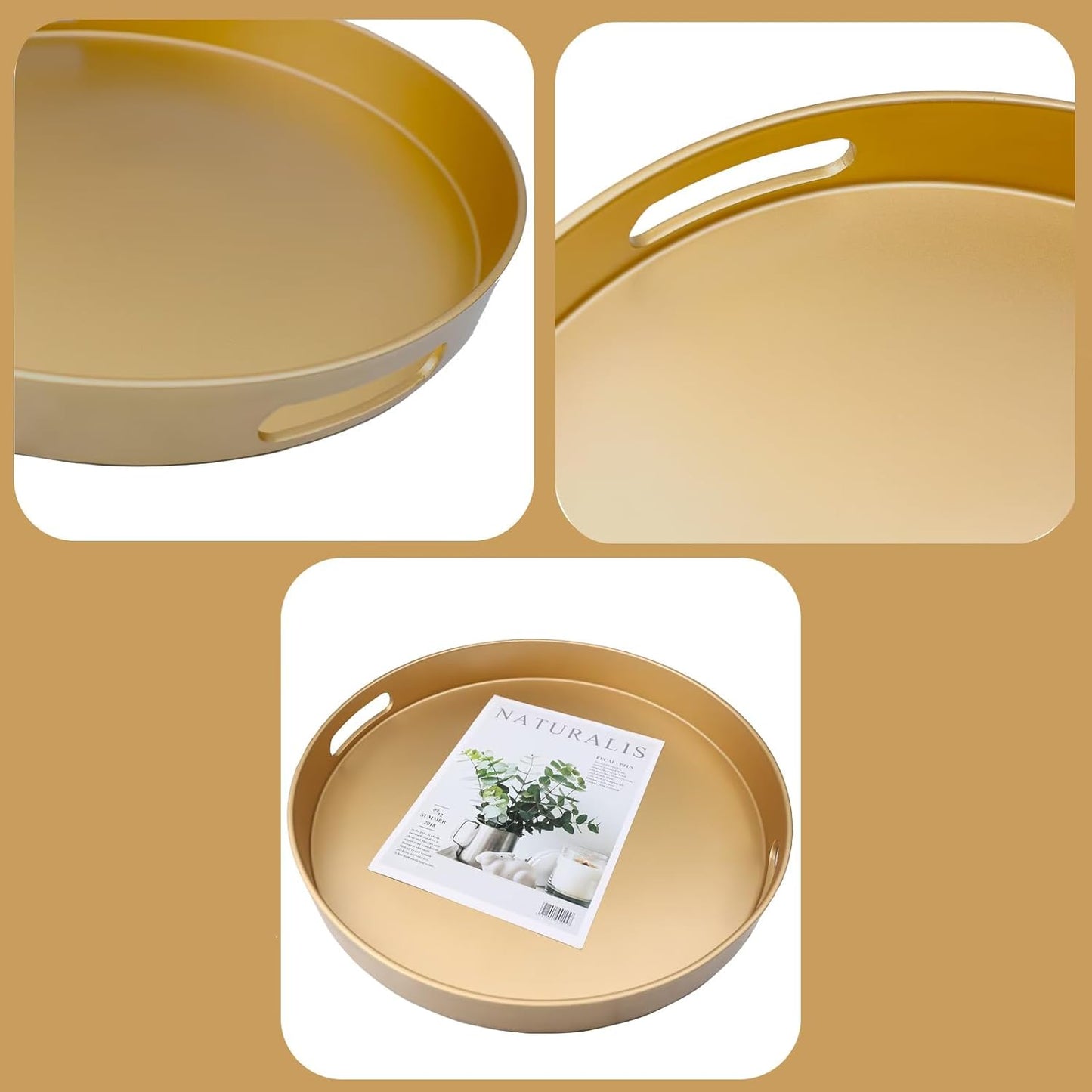 Gold Round Decorative Tray with Handles, 13" Versatile Serving Tray for Coffee Table, Ottoman, Ideal for Serving, Displaying, Organizing