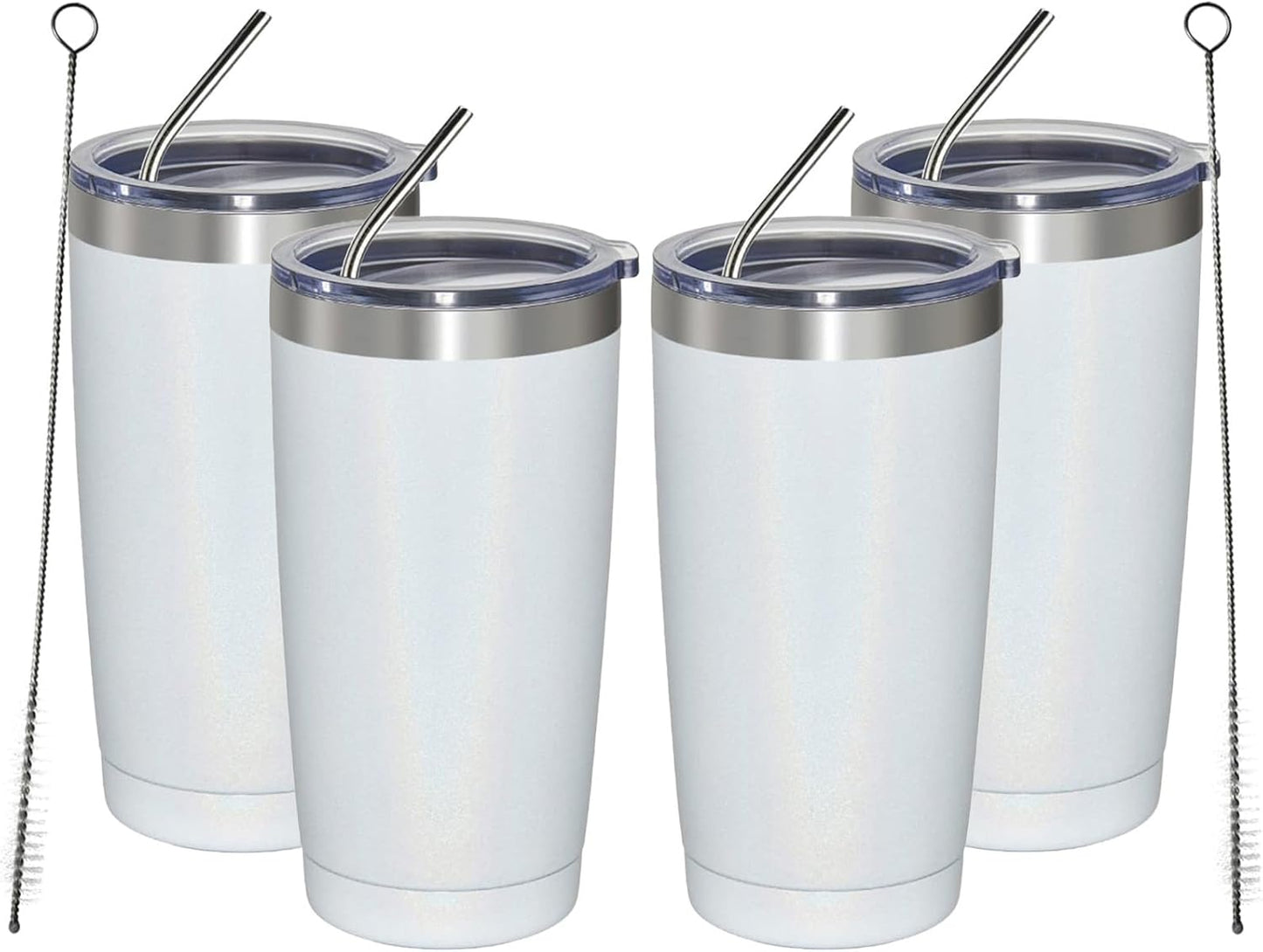 MEWAY 20oz Tumbler 4 Pack Double Wall Vacuum Insulated Travel Glitter Mug Bulk, Stainless Steel Tumblers with Lid and Straw, Powder Coated Coffee Cups for Woman(Rainbow White,Set of 4)